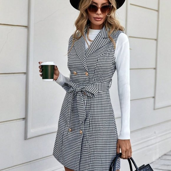 Black & White Preppy Womens Houndstooth Print Double Breasted Belted Dress - Picture 5 of 5